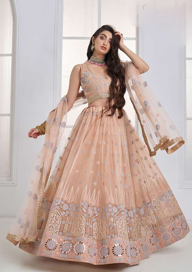 Peach Thread Work Net Lehenga Set for Diwali and Festive Wear - Indya