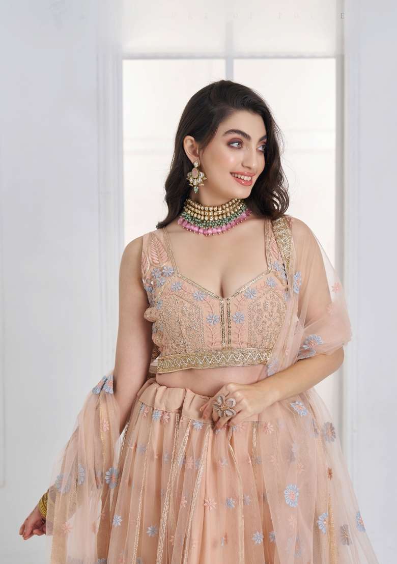 Peach Thread Work Net Lehenga Set for Diwali and Festive Wear - Indya
