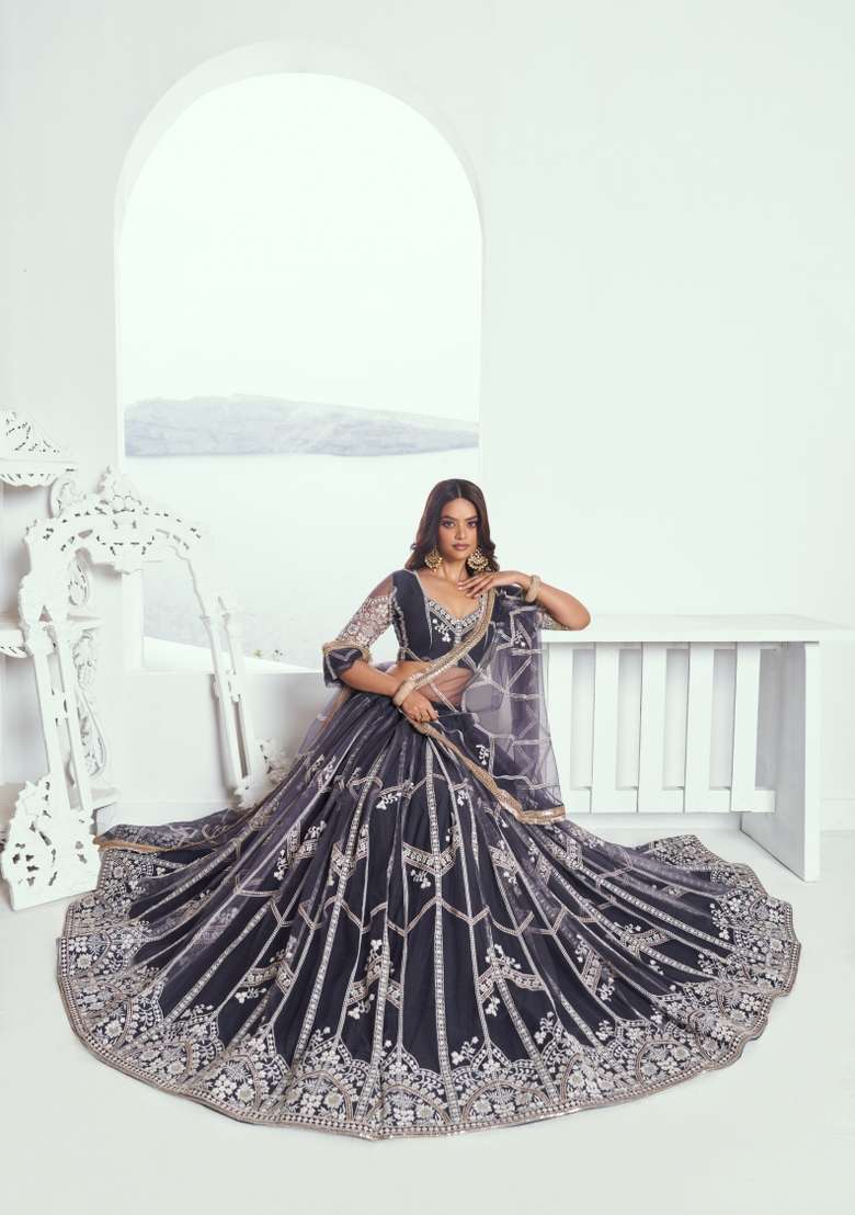 Dark Grey Net Lehenga Set with Thread Work for Diwali | Wedding & Festive Wear - Indya