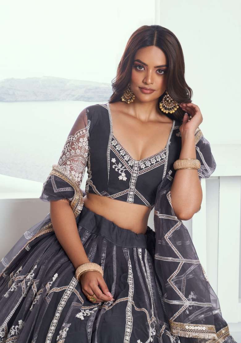 Dark Grey Net Lehenga Set with Thread Work for Diwali | Wedding & Festive Wear - Indya