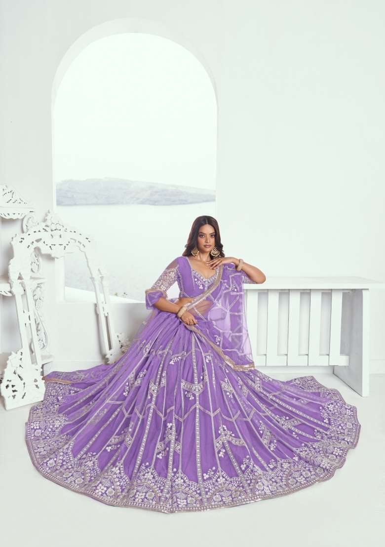 Lavender Thread Work Net Lehenga Set for Diwali and Festive Wear - Indya
