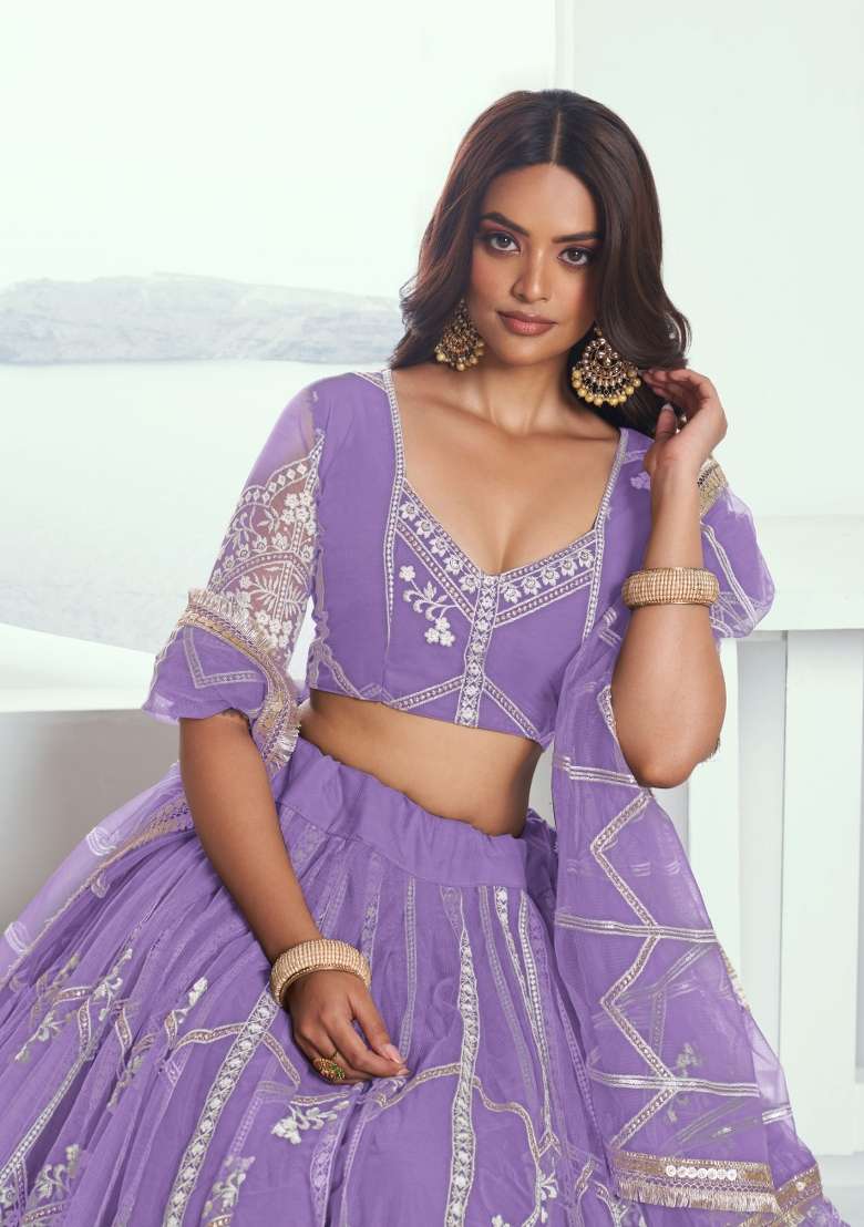 Lavender Thread Work Net Lehenga Set for Diwali and Festive Wear - Indya