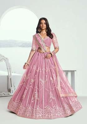 Pink Thread Work Net Lehenga Set for Diwali and Festive Wear