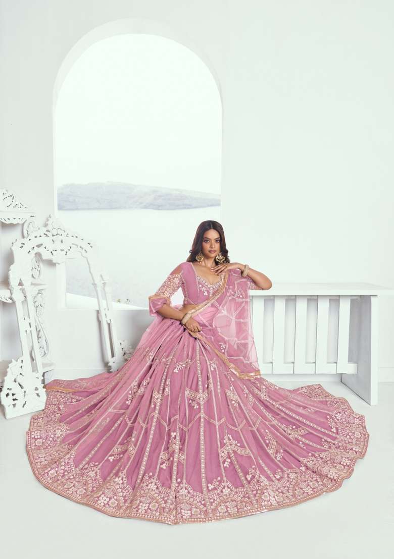 Pink Thread Work Net Lehenga Set for Diwali and Festive Wear - Indya
