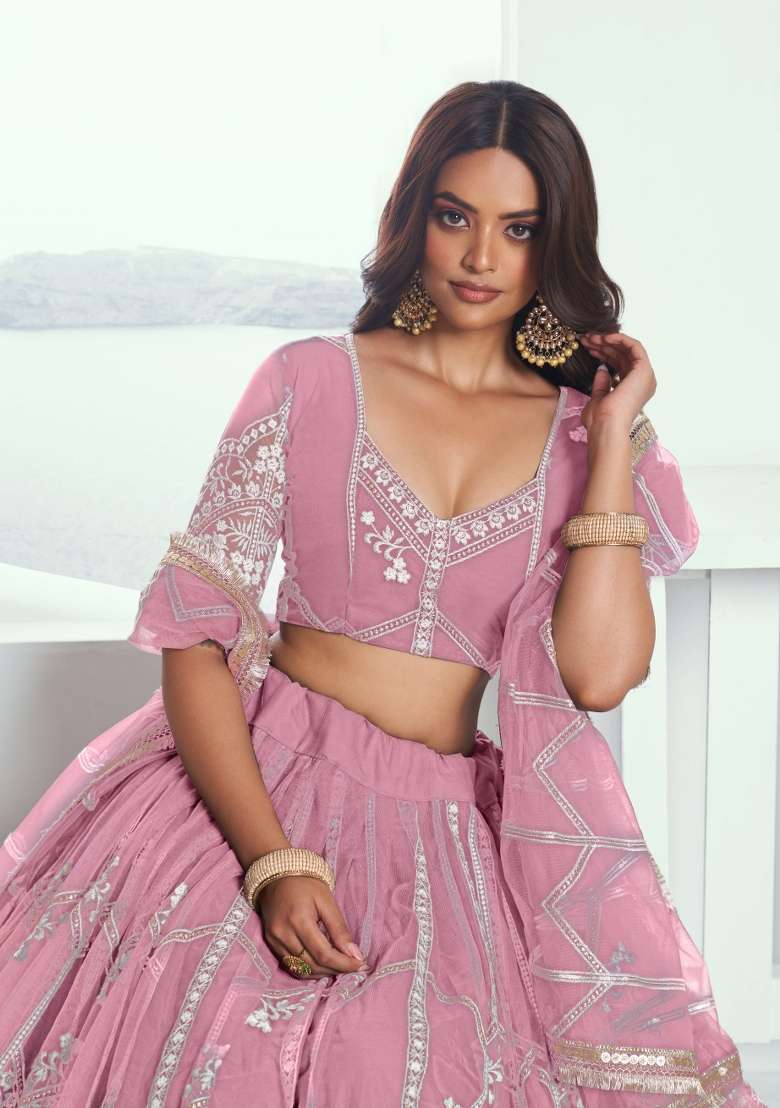 Pink Thread Work Net Lehenga Set for Diwali and Festive Wear - Indya