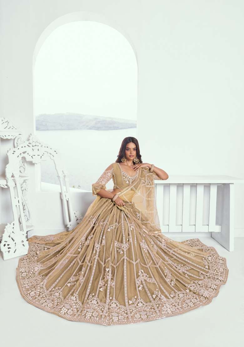 Chiku Thread Work Net Lehenga Set for Diwali and Festive Wear - Indya