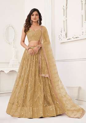 Beige Net Lehenga Set with Thread Work for Diwali | Wedding & Festive Wear