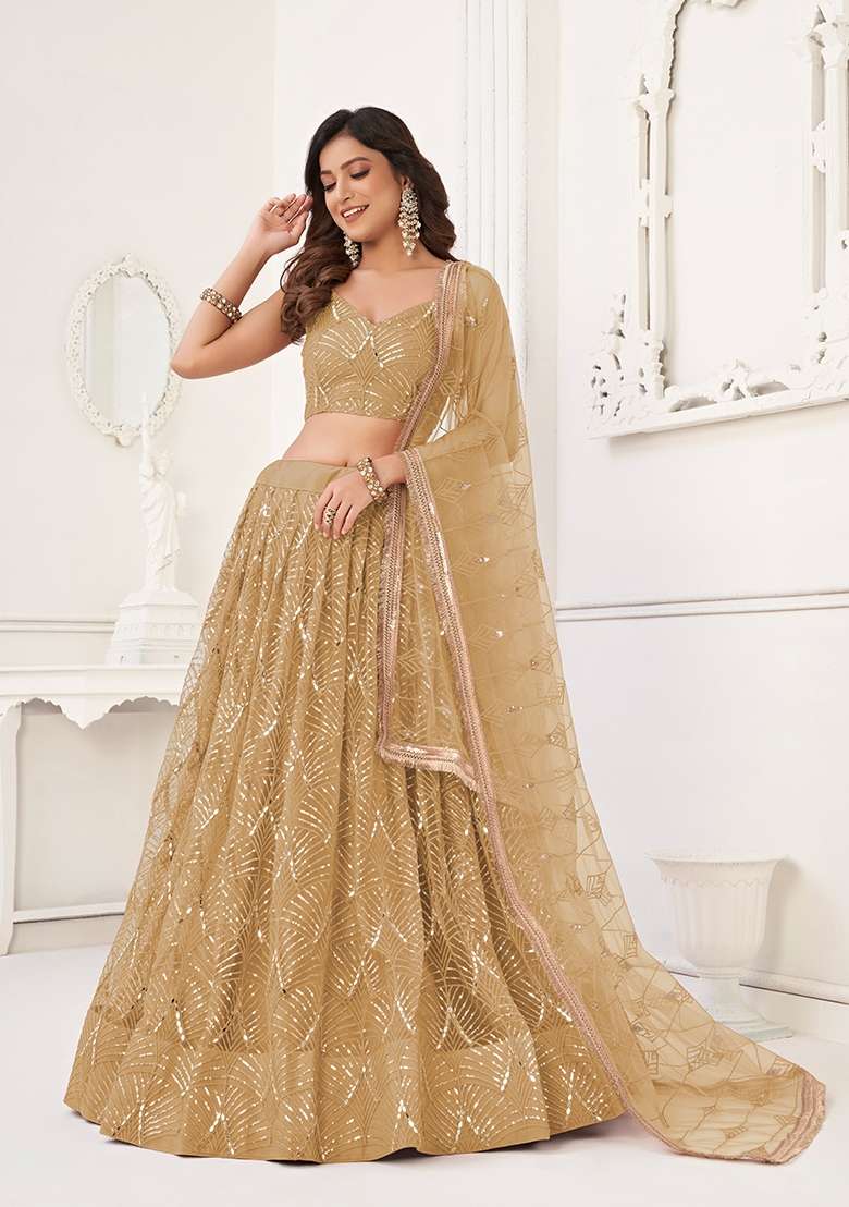 Beige Net Lehenga Set with Thread Work for Diwali | Wedding & Festive Wear - Indya