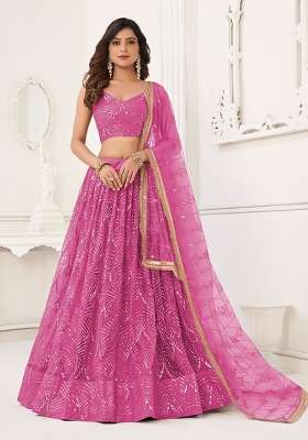 Magenta Pink Thread Work Net Lehenga Set for Diwali and Festive Wear
