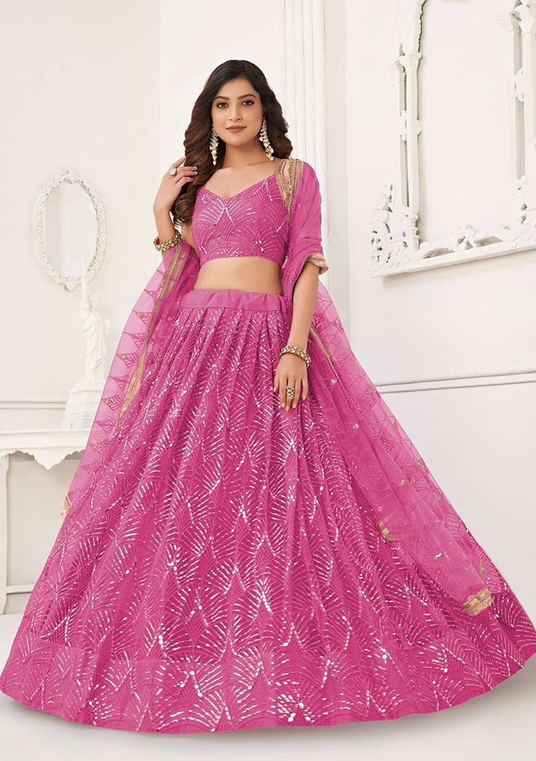 Magenta Pink Thread Work Net Lehenga Set for Diwali and Festive Wear - Indya