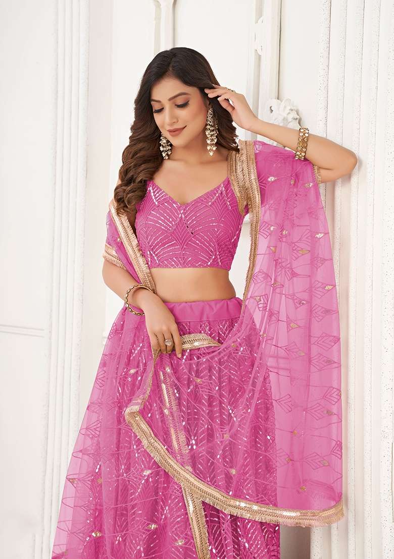Magenta Pink Thread Work Net Lehenga Set for Diwali and Festive Wear - Indya