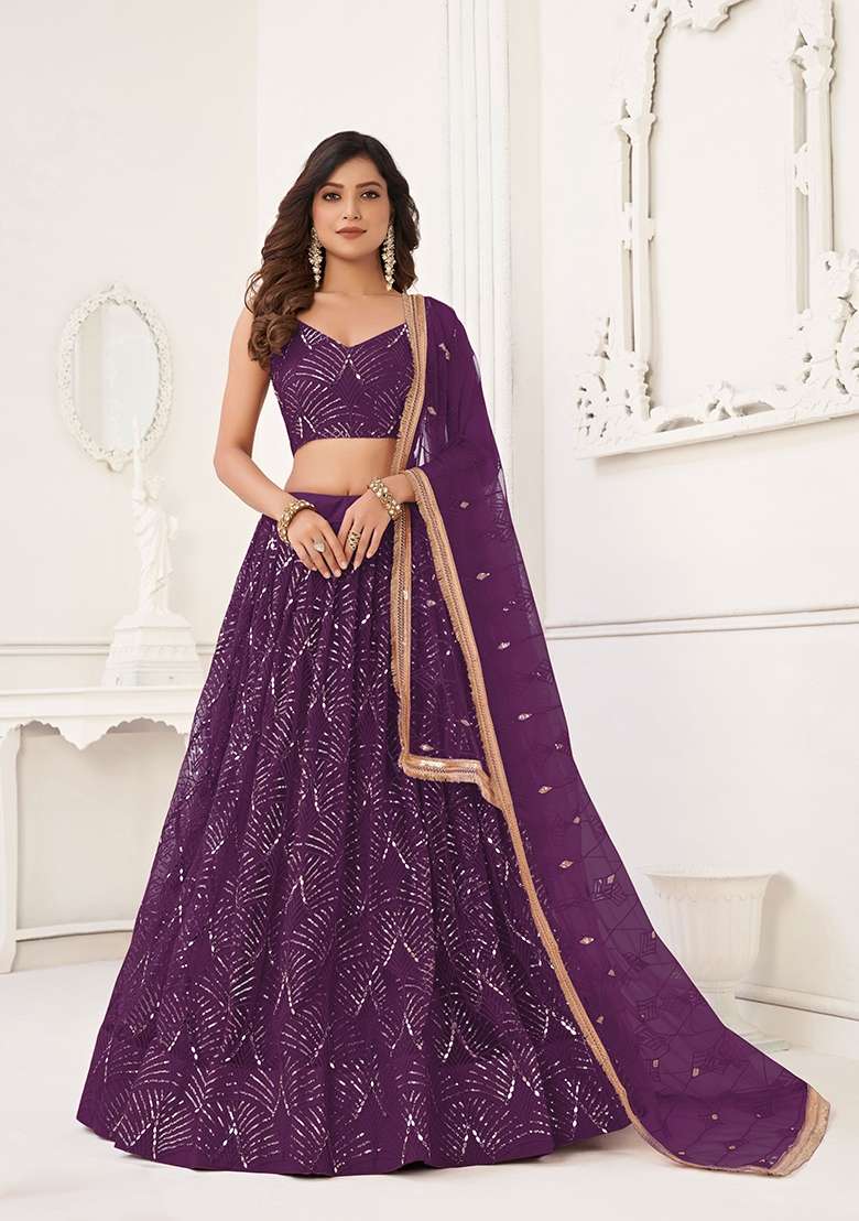 Purple Net Lehenga Set with Thread Work for Diwali | Wedding & Festive Wear - Indya