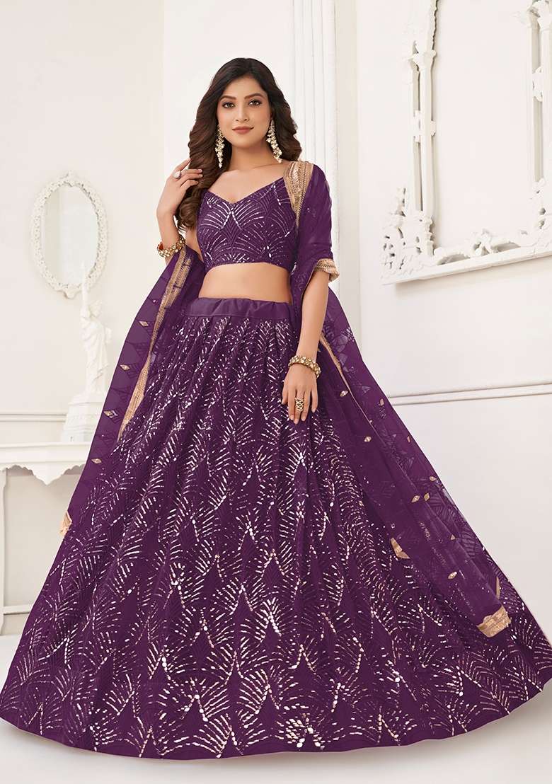 Purple Net Lehenga Set with Thread Work for Diwali | Wedding & Festive Wear - Indya