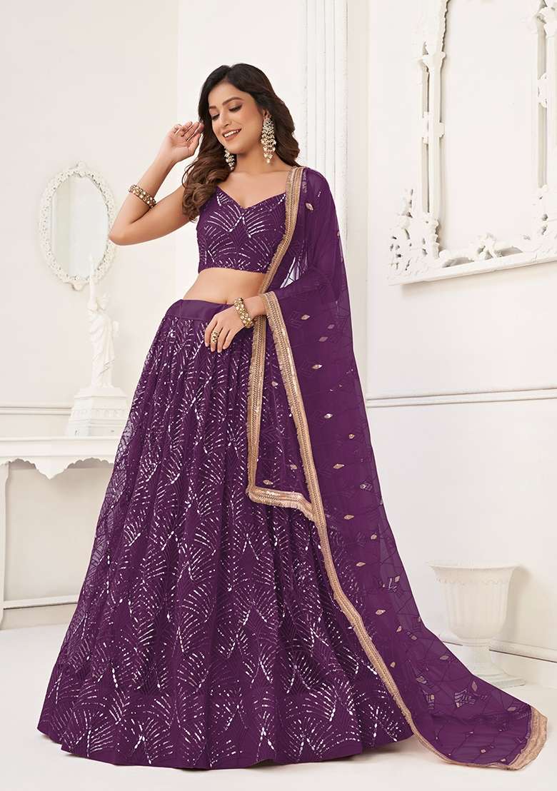 Purple Net Lehenga Set with Thread Work for Diwali | Wedding & Festive Wear - Indya