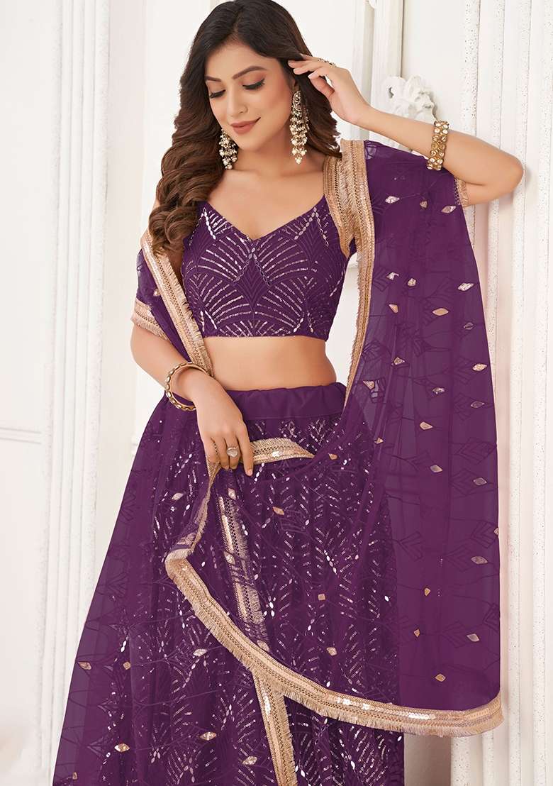 Purple Net Lehenga Set with Thread Work for Diwali | Wedding & Festive Wear - Indya