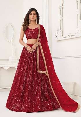 Deep Red Thread Work Net Lehenga Set for Diwali and Festive Wear