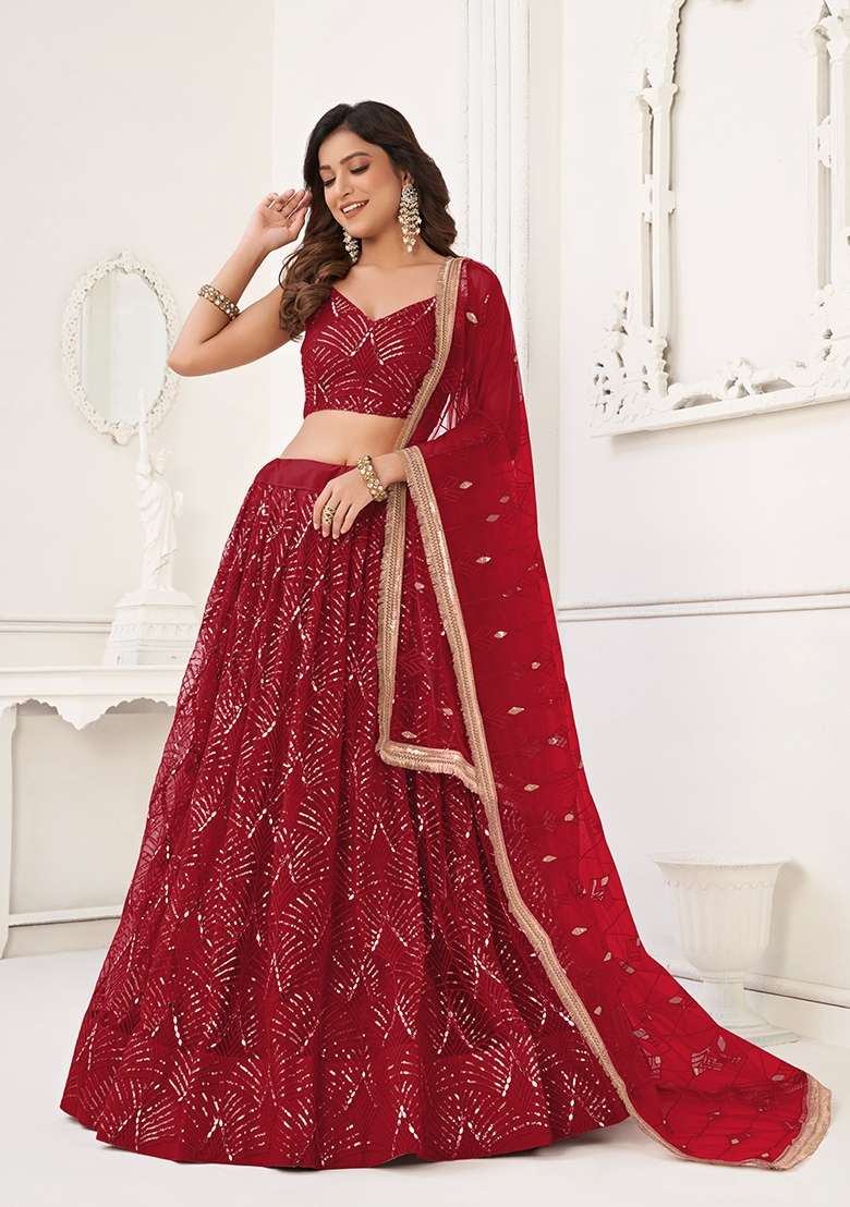 Deep Red Thread Work Net Lehenga Set for Diwali and Festive Wear - Indya