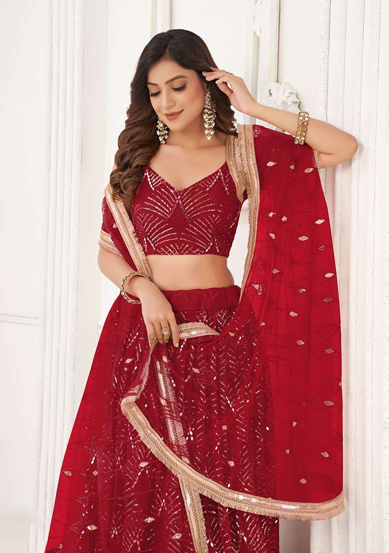 Deep Red Thread Work Net Lehenga Set for Diwali and Festive Wear - Indya