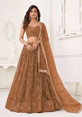Brown Thread Work Net Lehenga Set for Diwali and Festive Wear