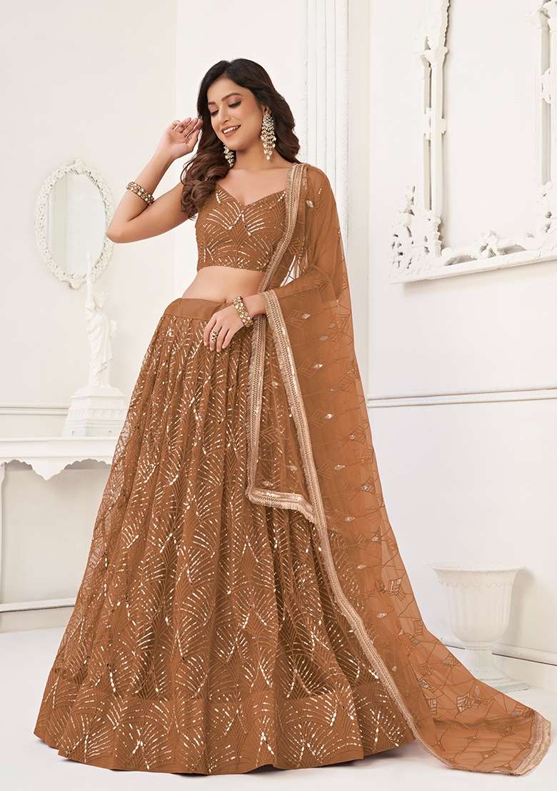Brown Thread Work Net Lehenga Set for Diwali and Festive Wear - Indya