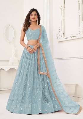 Sky Blue Thread Work Net Lehenga Set for Diwali and Festive Wear