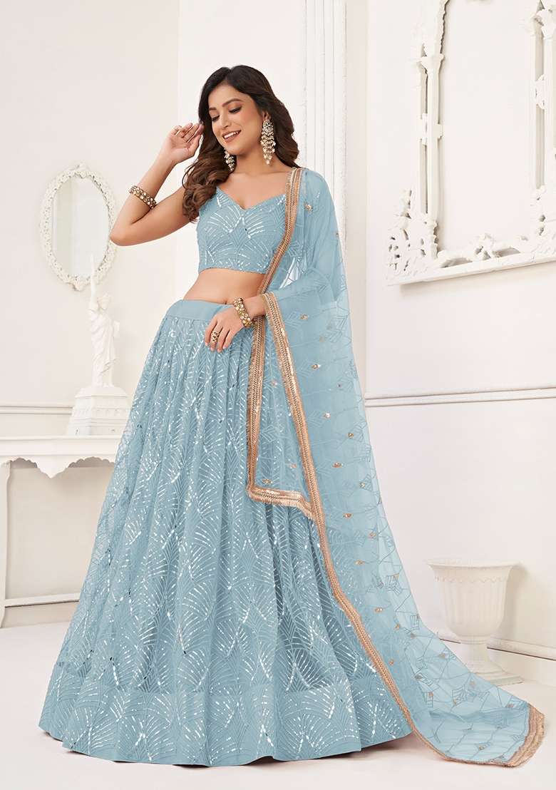 Sky Blue Thread Work Net Lehenga Set for Diwali and Festive Wear - Indya