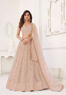 Peach Net Lehenga Set with Thread Work for Diwali | Wedding & Festive Wear
