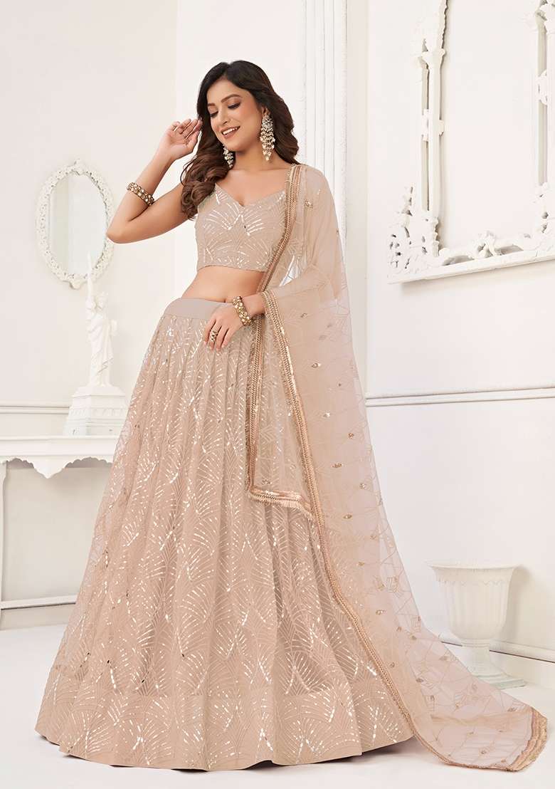 Peach Net Lehenga Set with Thread Work for Diwali | Wedding & Festive Wear - Indya