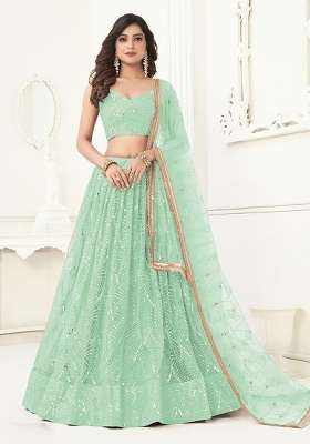 Mint Green Net Lehenga Set with Thread Work for Diwali | Wedding & Festive Wear