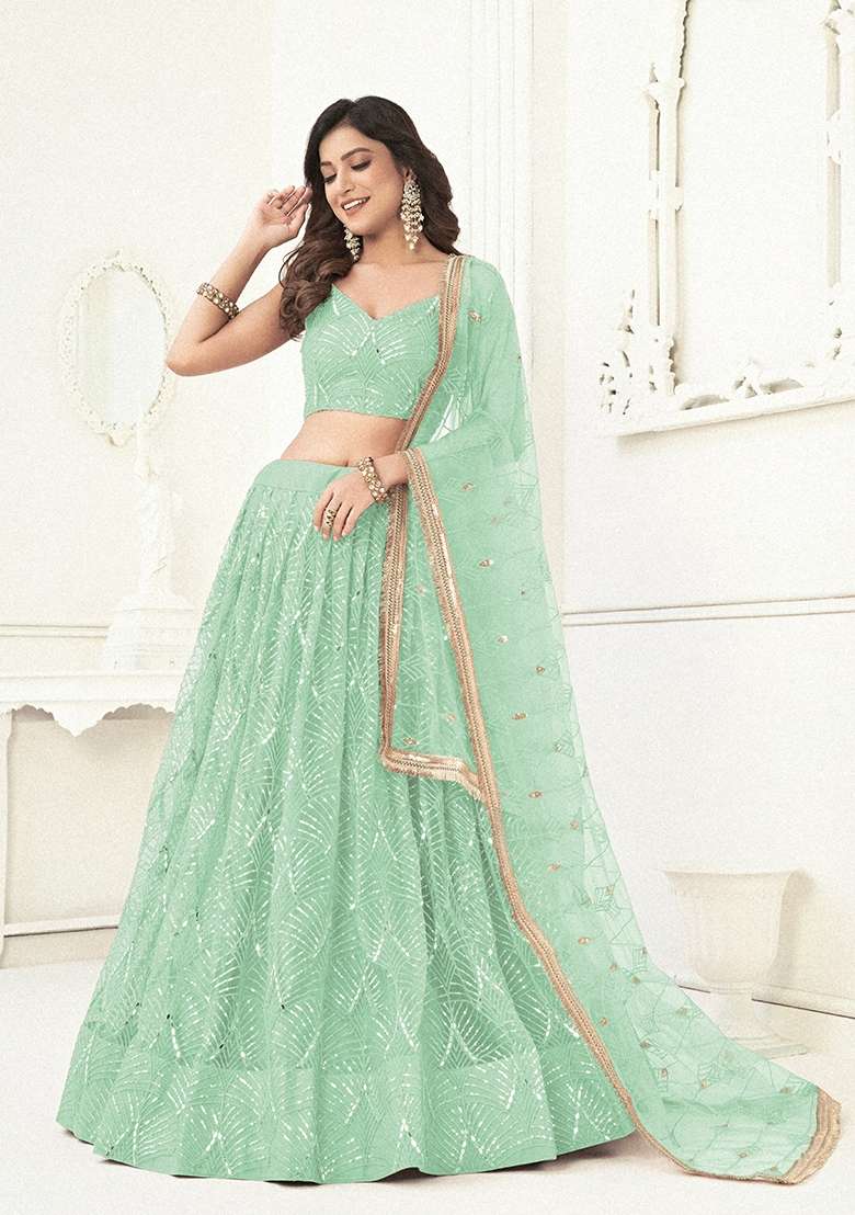 Mint Green Net Lehenga Set with Thread Work for Diwali | Wedding & Festive Wear - Indya