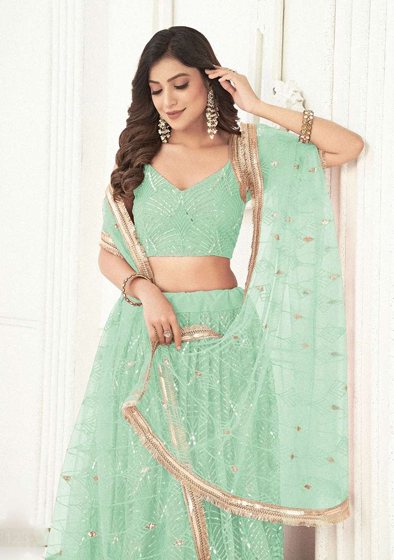 Mint Green Net Lehenga Set with Thread Work for Diwali | Wedding & Festive Wear - Indya