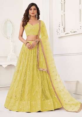Lime Yellow Net Lehenga Set with Thread Work for Diwali | Wedding & Festive Wear