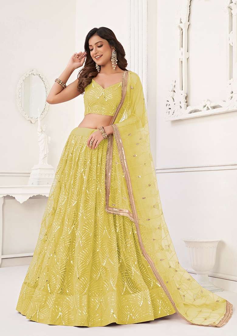 Lime Yellow Net Lehenga Set with Thread Work for Diwali | Wedding & Festive Wear - Indya