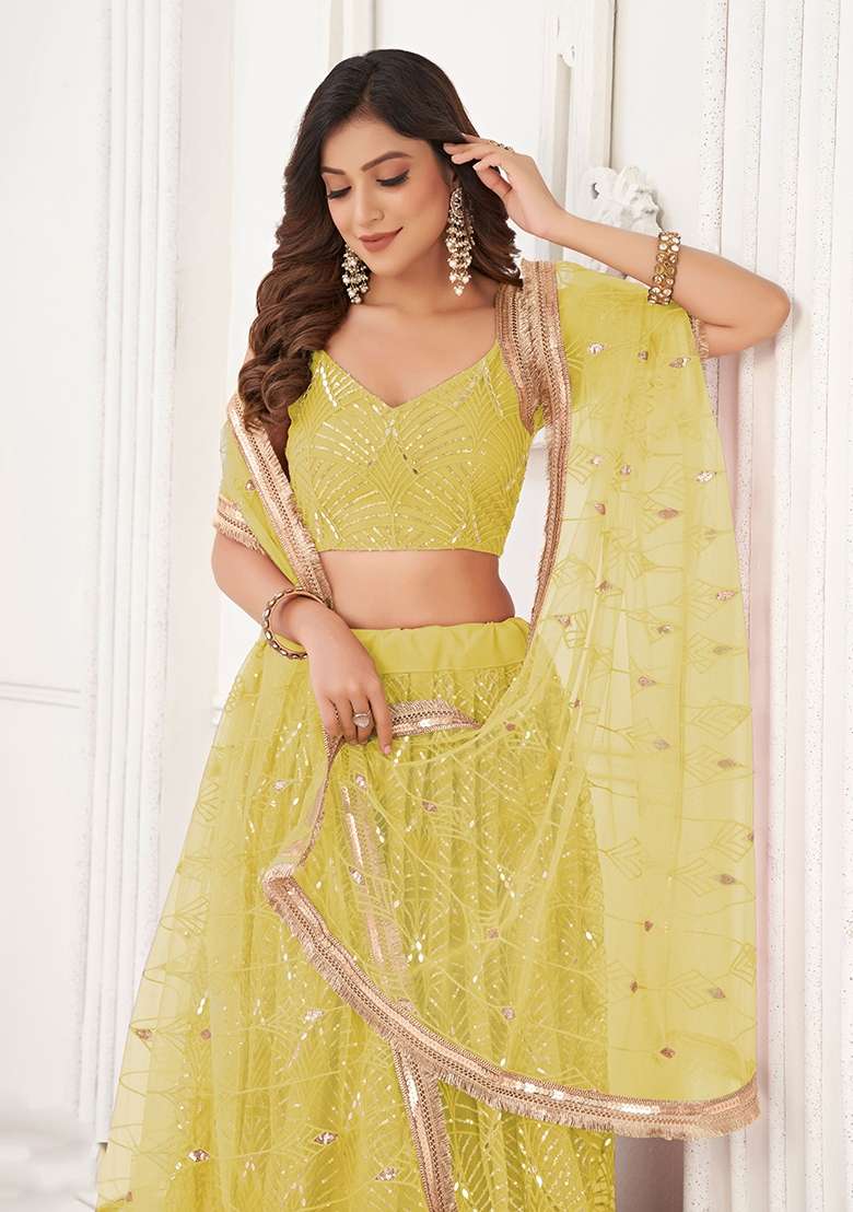 Lime Yellow Net Lehenga Set with Thread Work for Diwali | Wedding & Festive Wear - Indya