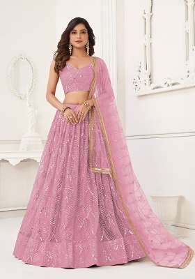 Light Pink Thread Work Net Lehenga Set for Diwali and Festive Wear