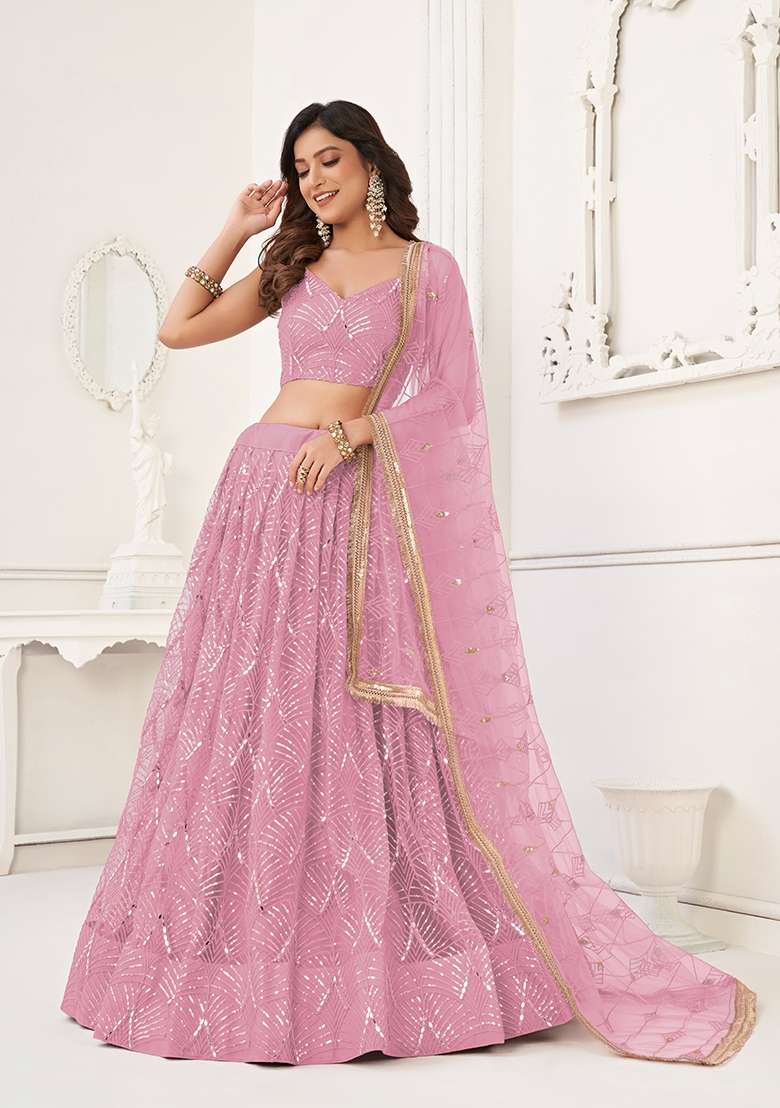 Light Pink Thread Work Net Lehenga Set for Diwali and Festive Wear - Indya