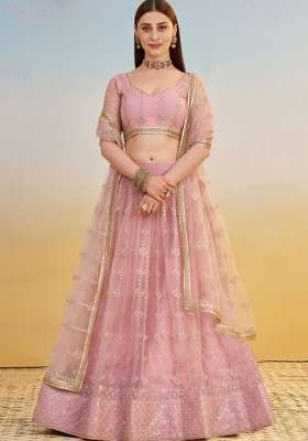 Light Pink Thread Work Net Lehenga Set for Diwali and Festive Wear