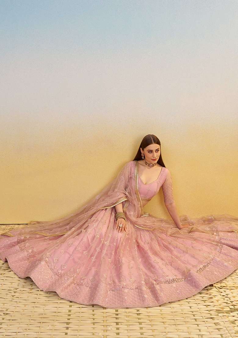 Light Pink Thread Work Net Lehenga Set for Diwali and Festive Wear - Indya