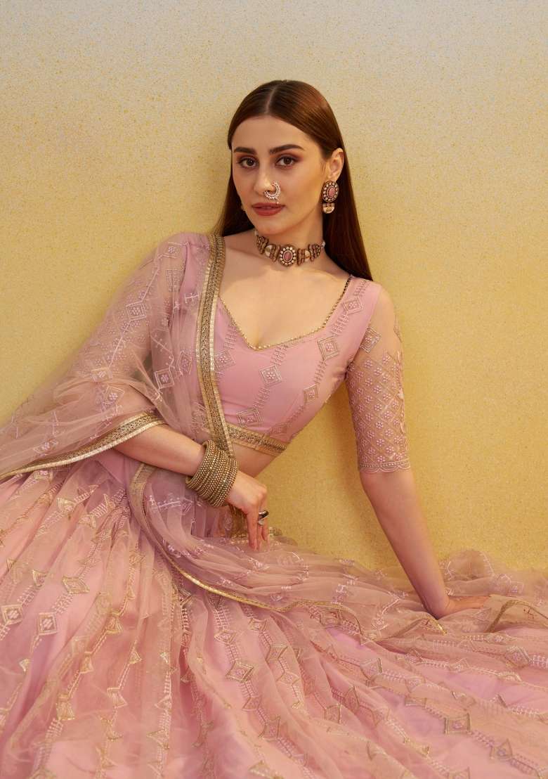 Light Pink Thread Work Net Lehenga Set for Diwali and Festive Wear - Indya