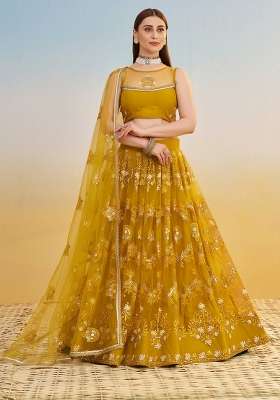 Mustard Yellow Net Lehenga Set with Thread Work for Diwali | Wedding & Festive Wear
