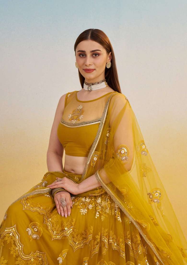 Mustard Yellow Net Lehenga Set with Thread Work for Diwali | Wedding & Festive Wear - Indya