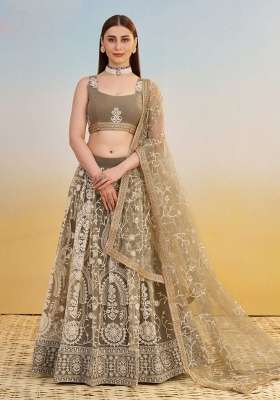 Mouse Brown Net Lehenga Set with Thread Work for Diwali | Wedding & Festive Wear