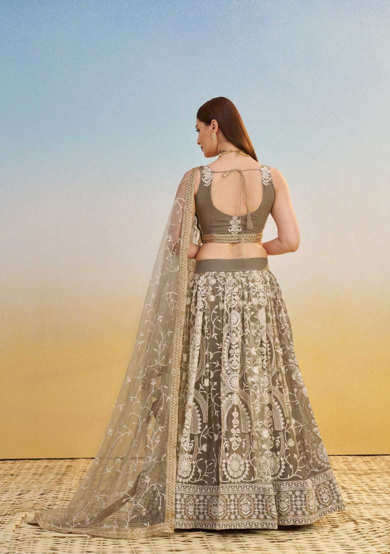 Mouse Brown Net Lehenga Set with Thread Work for Diwali | Wedding & Festive Wear - Indya