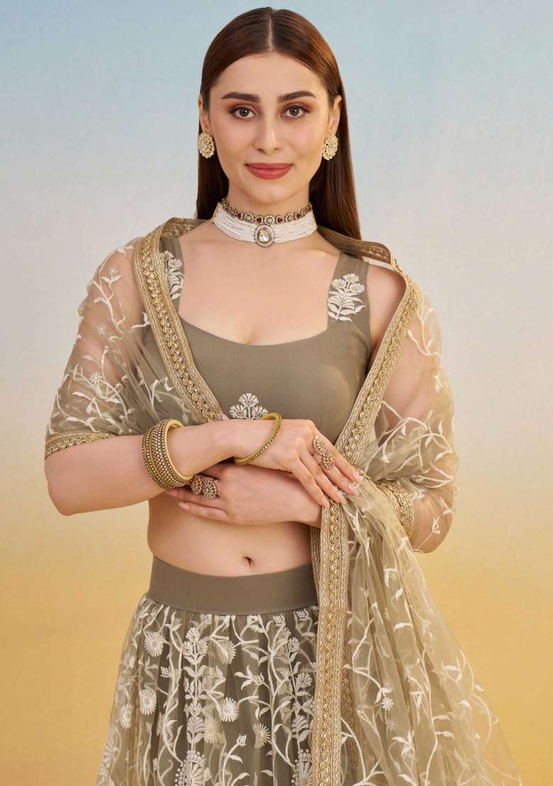 Mouse Brown Net Lehenga Set with Thread Work for Diwali | Wedding & Festive Wear - Indya