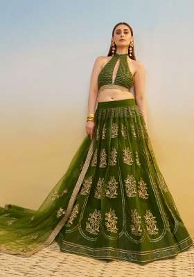 Mehendi Green Thread Work Net Lehenga Set for Diwali and Festive Wear