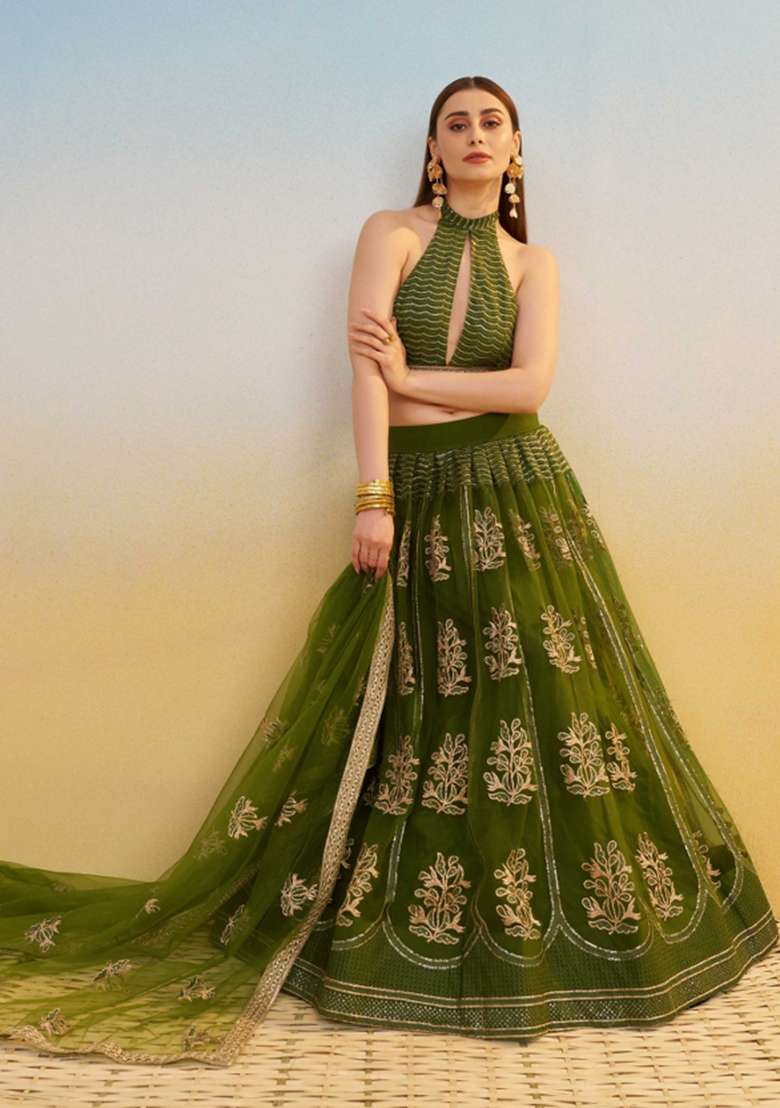 Mehendi Green Thread Work Net Lehenga Set for Diwali and Festive Wear - Indya