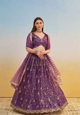 Dark Purple Thread Work Net Lehenga Set for Diwali and Festive Wear
