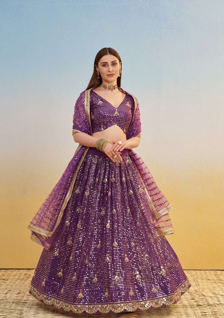 Dark Purple Thread Work Net Lehenga Set for Diwali and Festive Wear - Indya