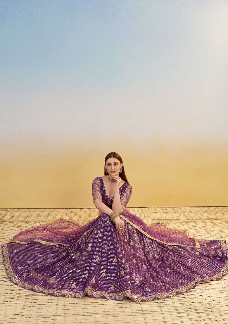 Dark Purple Thread Work Net Lehenga Set for Diwali and Festive Wear - Indya