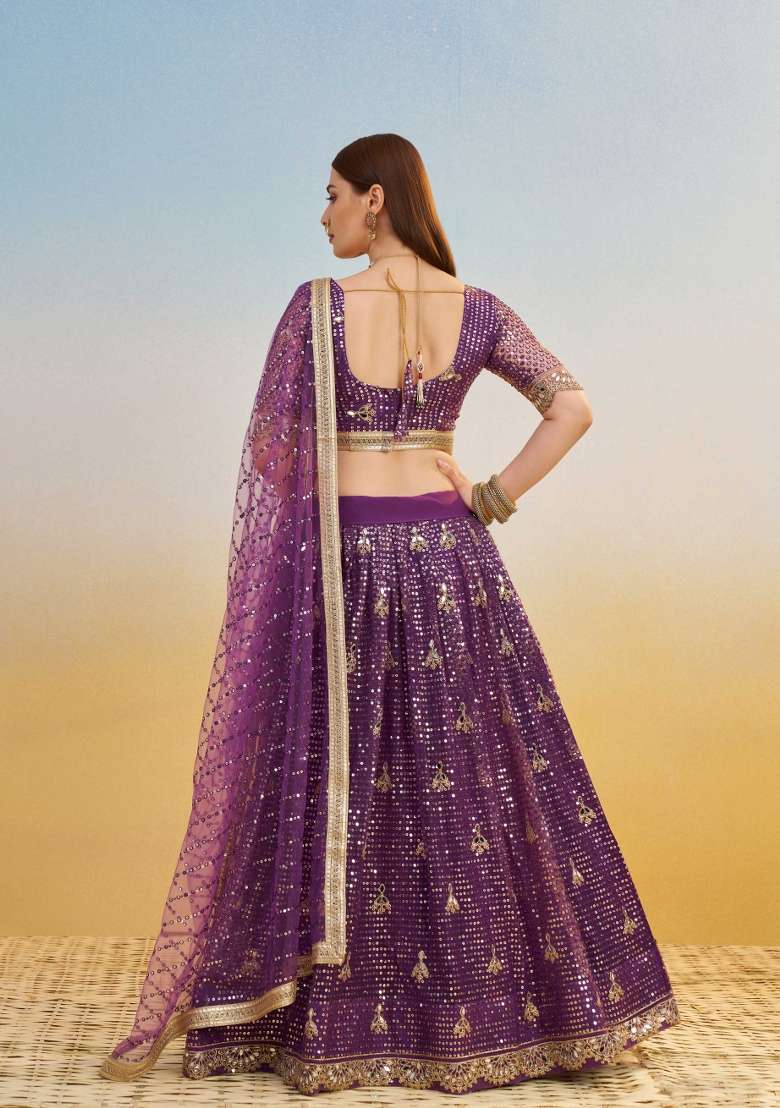 Dark Purple Thread Work Net Lehenga Set for Diwali and Festive Wear - Indya